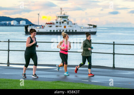 Caledonian MacBrayne, Hafen von Largs Fähre, Schottland, Großbritannien. 9. September 2017. UK Wetter. Sonnigen Start in den Tag an der Westküste wie der Himmel endlich klar. Dieses Gebiet südlich von Glasgow hat praktisch Dauerregen in den letzten sieben Tagen hatte, und die Stadt ist nun auf die jährlichen Viking Festival der Schlacht von Largs vom 2. Oktober 1263 zu gedenken. Die Schlacht erinnert in Largs durch einen frühen 20. Jahrhunderts, Denkmal, und Festlichkeiten an der Küste gehalten, jährlich seit den 1980er Jahren. In der Nähe von Largs liegt die Insel Cumbrae, nur eine Meile von der Küste. Credit: MediaWorldImages/Alamy leben Nachrichten Stockfoto
