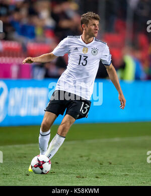 Prag, Tschechische Republik. 1. Sep 2017. Deutschlands Thomas Mueller in Aktion während der UEFA WM-Qualifikation Fußballspiel zwischen Deutschland und der Tschechischen Republik in Prag, Tschechische Republik, 1. September 2017. (Achtung Redaktionen: Wire Service verwenden, nur mit Genehmigung.) Foto: Thomas Klausen/dpa-Zentralbild/ZB/dpa/Alamy leben Nachrichten Stockfoto