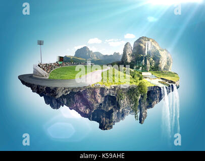 Amazing fantasy Landschaft mit schwimmenden Inseln, Wasserfall und Felder Stockfoto