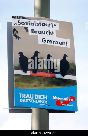 Wahlplakate: AfD, mit dem der Slogan von ozialstaat? Braucht Grenzen", 4. September 2017, Berlin. Stockfoto