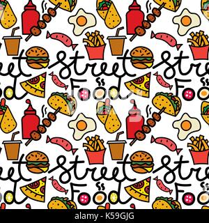 Abbildung verschiedener Art Street Food nahtlose Muster Stock Vektor