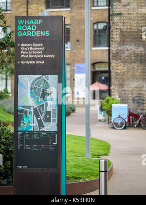 Wharf Road Gärten Informationen unterzeichnen und Karte planen - Entwicklung in der Nähe von kornhaus Platz in der Gegend von London Kings Cross. Stockfoto