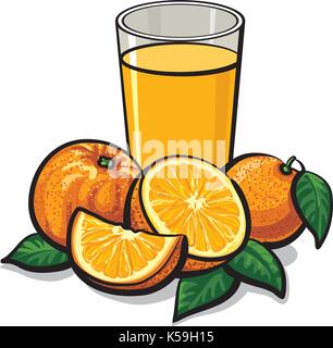 Abbildung: Glas frisch gepresster Orangensaft mit in Scheiben geschnittenen reifen Orangen Stock Vektor