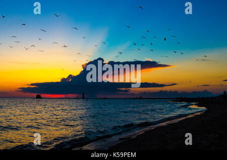 Möwen füllen den Himmel als thunderhead storm Cloud bewegt sich über den Lake Michigan, hinter dem Leuchtturm und Pier in Muskegon, Michigan, USA Stockfoto