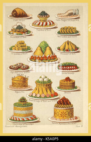 VINTAGE MRS BEETON'S Farblithographie von Mrs Beetons Kochbuch, die Vielzahl der Englischen Weihnachten Viktorianischen unterhaltsam Pasteten Fleisch Gebäck Kroketten 1800s-1900s Stockfoto