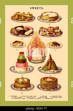 Viktorianische SPEZIALITÄTEN DESSERTS PUDDING GELEES PFANNKUCHEN ECLAIRS GEBÄCK REISPUDDING ZUCKER TOMATENSUPPE TORTE 1800 Mrs Beeton's Gelees Cremes und Süßspeisen Lithographie Seite Illustration, vom Buch der Haushaltsführung 1880 Pudding Desserts Stockfoto