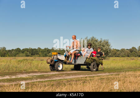 - KONCHA ZASPA, UKRAINE - Juli 30, 2017: unbekannter Mann rollen Kinder auf einem mini Traktor. Koncha-Zaspa ist ein historisches Viertel von Kiew. In den 192 Stockfoto