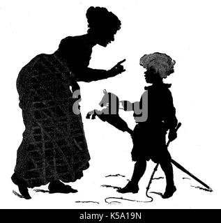 Ein viktorianisches semi-Silhouette einer Mutter, Kindermädchen oder gouvernante Schelte ein Kind, sitzend auf einem Hobby Horse ist mit einer Peitsche in der Hand Stockfoto