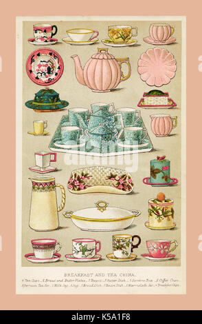Der 1800er Jahrgang illustration Mrs Beeton's Household Management traditionelles Frühstück und Tee CHINA Seite Farbe Stockfoto