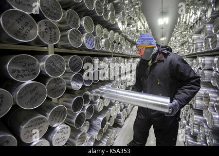 Denver, Colorado - Geoff Hargreaves, Kuratorin am National Ice Core Labor, hält einem Meter Abschnitt eines ice Core bei -36 Grad C (-3 gespeichert Stockfoto