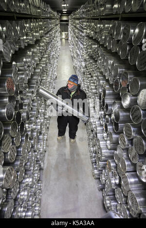 Denver, Colorado - Geoff Hargreaves, Kuratorin am National Ice Core Labor, hält einem Meter Abschnitt eines ice Core bei -36 Grad C (-3 gespeichert Stockfoto