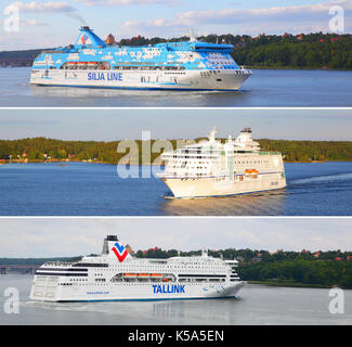 Stockholm, Schweden - 25. Juli 2017: Verschiedene Fahrgastschiffe (Tallink und Silja Lines, Birka) in der Ostsee Stockfoto