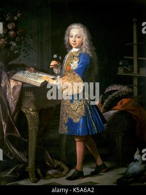 Porträt von Karl von Bourbon (1716-1788), dem späteren König Karl III. von Spanien, Herzog von Parma und Piacenza und König von Neapel und Sizilien. Charles III, Kind, in seinem Kabinett (um 1724). Öl auf Leinwand von Jean Ranc (1674-1735). Museo del Prado (Madrid, Spanien). Stockfoto