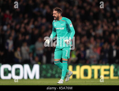 Derby County Torhüter Scott Carson feiert nach Matej Vydra (nicht abgebildet) Kerben erste Ziel seiner Seite des Spiels während der Sky Bet Championship Match im Pride Park, Derby. Stockfoto