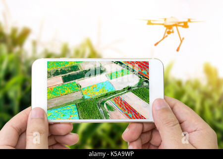 Smart Landwirtschaft, Bauernhof, Precision Farming Konzept. Drone und NIR-Bilder verarbeitung Anwendung verwendete Bildschirm Feld Gesundheit Karten für normaliz zu erstellen Stockfoto