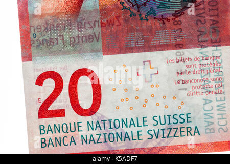 Bern, Schweiz: Geld der Schweiz. Neue 20- und 50-Noten, die im Jahr 2017 eingeführt wurden. Stockfoto