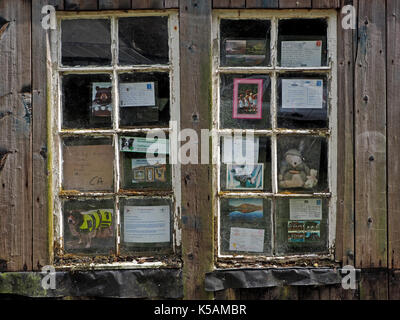 Der Bär im Fenster auf dem westlichen Ufer des Derwentwater Cumbria, England, Großbritannien und einige der vielen Postkarten, der ihm durch die Weiterleitung von Besuchern nach Lakeland gesendet Stockfoto