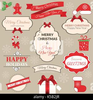 Weihnachtsdekoration vektor design Elements Collection. Typografische Elemente, vintage Labels, Frames, Bänder, eingestellt. Blüht kalligrafischen. Stock Vektor