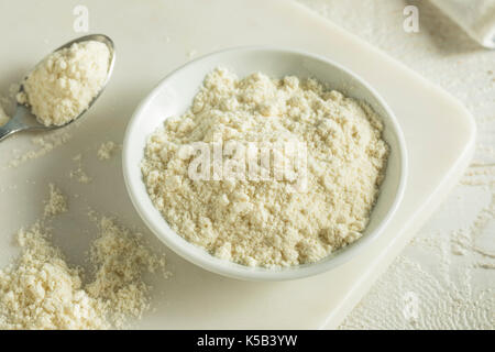 Organische Weiße Vanille Protein Pulver in eine Schüssel geben. Stockfoto