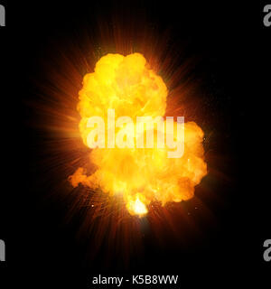 Realistisches Feuer, Explosion, orange Farbe mit auf schwarzem Hintergrund Funken isoliert Stockfoto