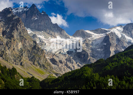 Meije Höhepunkt im Sommer mit der Meije Gletscher und Rateau Gletscher blick aus dem Dorf La Grave. Nationalpark Ecrins, Hautes-Alpes, südlichen Fre Stockfoto