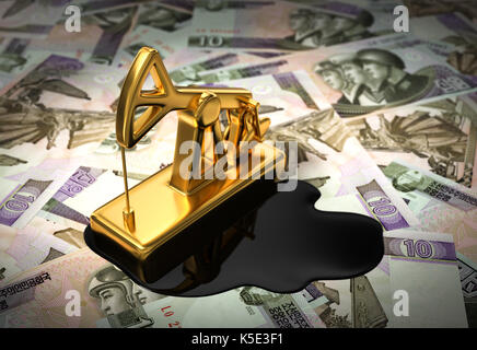 Gold Pumpjack und verschüttete Öl auf Nordkoreanischen Wons. 3D-Darstellung. Stockfoto