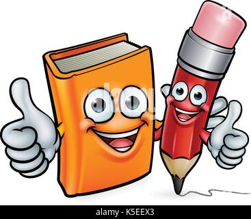 Buch und Bleistift Zeichentrickfiguren Stock Vektor
