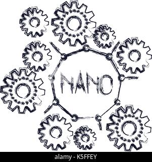 Gang Maschinen mit nano Text in Schwarzweiß unscharfe Silhouette auf weißem Hintergrund Stock Vektor