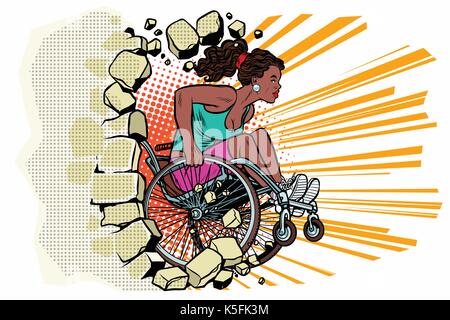 Schwarze Frau Athleten im Rollstuhl Durchschläge der Wand Stock Vektor