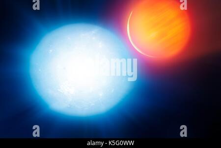 Künstlerische Darstellung der heißesten Wissen, exoplanet, Kelt-9b. Kelt-9a ist heiß, A-Typ Stern mit einer Temperatur von fast doppelt so hoch wie die der Sonne Astronomen Ein extrasolarer Planet umkreist den Stern in die Nähe, es vervollständigt eine Umlaufbahn in nur 36 Stunden gefunden haben. Dies bedeutet, dass der Planet ist heißer, mit rund 4600 Kelvin, als die Mehrheit der Sterne. Die gnadenlose Strahlung der Sterne verflüchtigt sich der Planet mit einer phänomenalen Rate. Zehn Milliarden Gramm Materie sind vom Planeten jedes zweite abgestreift, bilden einen kometenhaften Schwanz hinter sich. Stockfoto