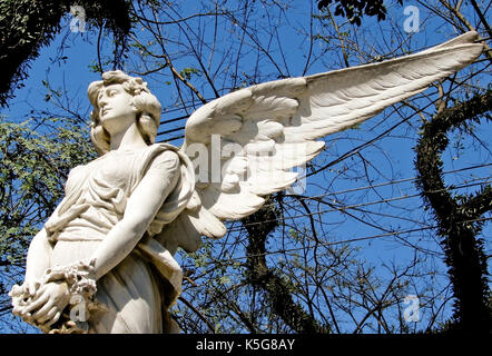 Traurig weißem Marmor Engel Skulptur mit offenen langen Flügel über dem Rahmen und an einem hellen, sonnigen blauen Himmel. Skulptur Hände halten einen Kreis von Blume Stockfoto