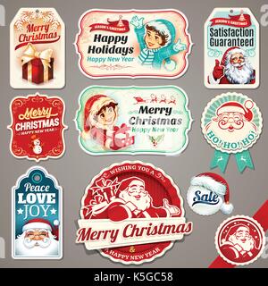 Vektor einrichten von Vintage Christmas Etiketten, Abzeichen und Fahnen mit Santa Claus, Gegenwart, Kinder, Baum, Schlitten, Rentieren und hat retro Illustrationen Stock Vektor