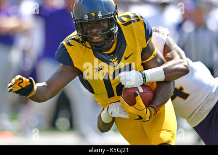 Morgantown, West Virginia, USA. 9 Sep, 2017. West Virginia Bergsteiger wide receiver Gary Jennings (12) kommt mit einem Pass, wie er durch East Carolina Pirates Defensive zurück TRAVIS PHILLIPS (14) Während ein Spiel an Mountaineer Field in Morgantown, WV gespielt angegangen wird. Credit: Ken Inness/ZUMA Draht/Alamy leben Nachrichten Stockfoto