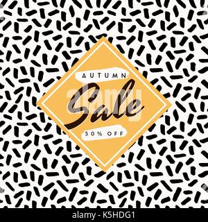 Abstrakt Herbst verkauf Design mit Text in Gelb auf Memphis style Hintergrund. Plakat, Broschüre oder Grußkarte square Vorlage mit Beispieltext. Stock Vektor