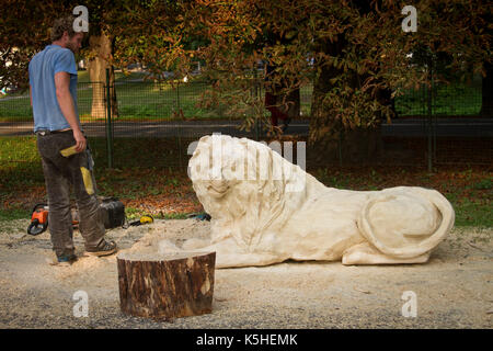 Der Bildhauer erstellt eine Holzskulptur von Lion während eines internationalen Skulpturen Symposium in Cesky Tesin. Der Tschechischen Republik. Stockfoto