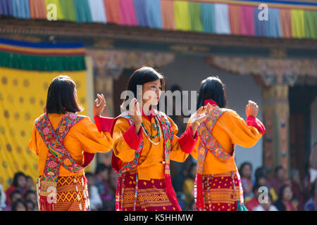 Tänzerinnen traditionelle Tänze in Punakha Dzong während der jährlichen Tsechu, Punakha, zentrale Bhutan Stockfoto