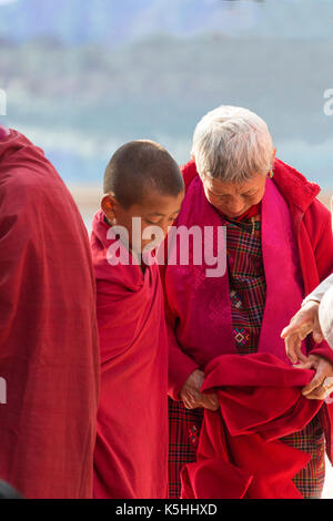 Punakha Drubchen (historische Feier) und Tsechu (religiöse Feier) in Punakha Dzong, westlichen Bhutan. Stockfoto