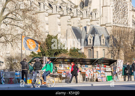 Fußgänger vor der zweiten Hand Buchhändler (bouquinistes) mit der Kathedrale Notre Dame, Paris, Frankreich Stockfoto