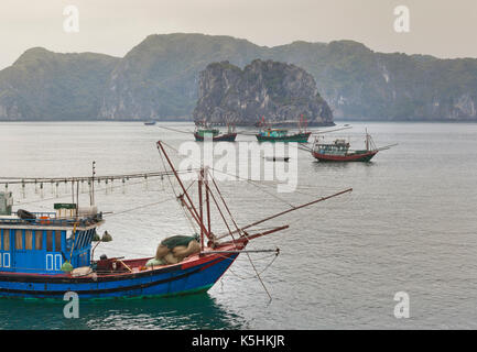 Squid Fischerboote, helle Lichter auf dem Wasser in der Nacht leuchtete, so zieht der Squid auf die Oberfläche, Halong Bay, Vietnam. Stockfoto