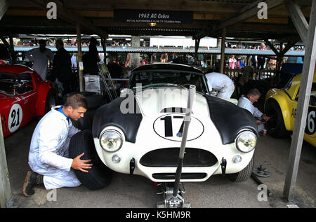 Ein Mechaniker arbeitet an einem 1962 AC Cobra während des Goodwood Revival im Goodwood Motor Circuit, Chichester. Stockfoto
