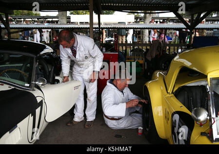 Mechanik arbeiten an einem 1962 AC Cobra (links) und eine 1963 AC Cobra während des Goodwood Revival im Goodwood Motor Circuit, Chichester. Stockfoto