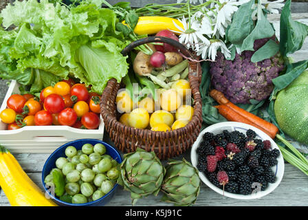 Aus einer Zuteilung mit verschiedenen Obst und Gemüse wie Tomaten, Pflaumen, Stachelbeeren, Karotten, Artischocken, alle hausgemacht. Stockfoto