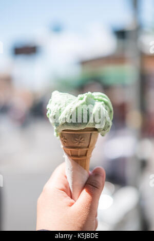 Hand mint Chocolate Chip Eis, Eis mit unscharfen Hintergrund. Stockfoto