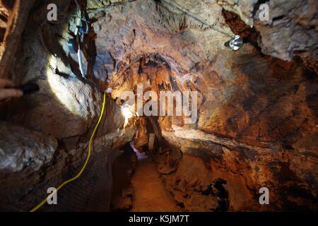 Brixham Cavern, Windmill Hill Knochen Höhle. Ein altes Denkmal, Entdeckt im Jahr 1858. Die wichtigsten Knochen Beweis für das Alter des Menschen. South Devon, Großbritannien. 2017. Stockfoto