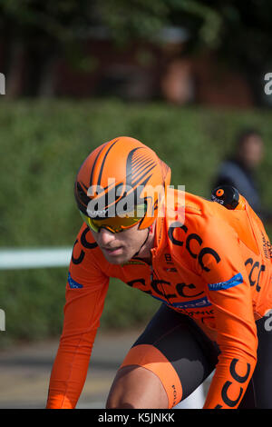 Tour durch Großbritannien Radrennen Stufe 5 timetrial in Clacton-on-Sea, Großbritannien Stockfoto