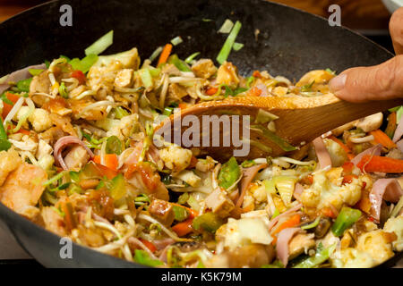 Sauteed Gemüse mit Huhn, Schwein, Marmelade und Shrimps Zubereitung: Kochen Gemüse und Fleisch in einem Wok Stockfoto