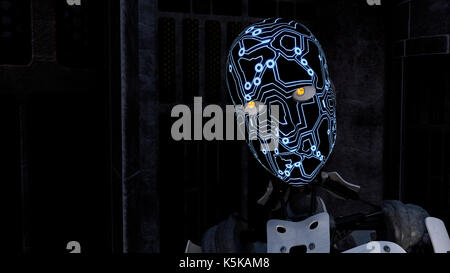 Cyborg an futuristischen dunklen Raum Hintergrund - 3D-Rendering Stockfoto