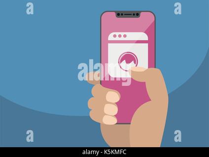 Smart Home Automation Konzept mit Hand, die Blende - weniger Smartphone. Vector Illustration mit Waschmaschine Symbol auf rahmenlose Touchscreen Stock Vektor