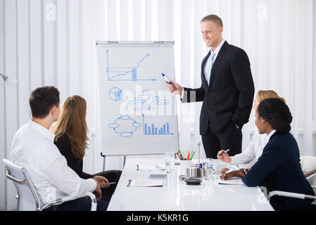 Eine Gruppe von Geschäftsleuten suchen Bei Happy Geschäftsmann erklären In der Präsentation Stockfoto
