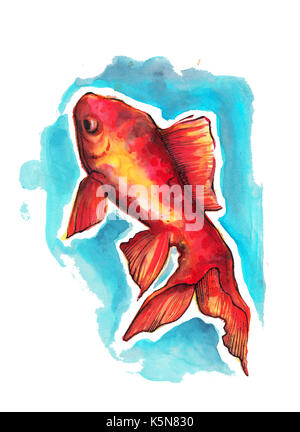 Hand gezeichnet Abbildung oder Zeichnung eines traditionellen japanischen Fisch, Aquarell und Tusche Abbildung Stockfoto